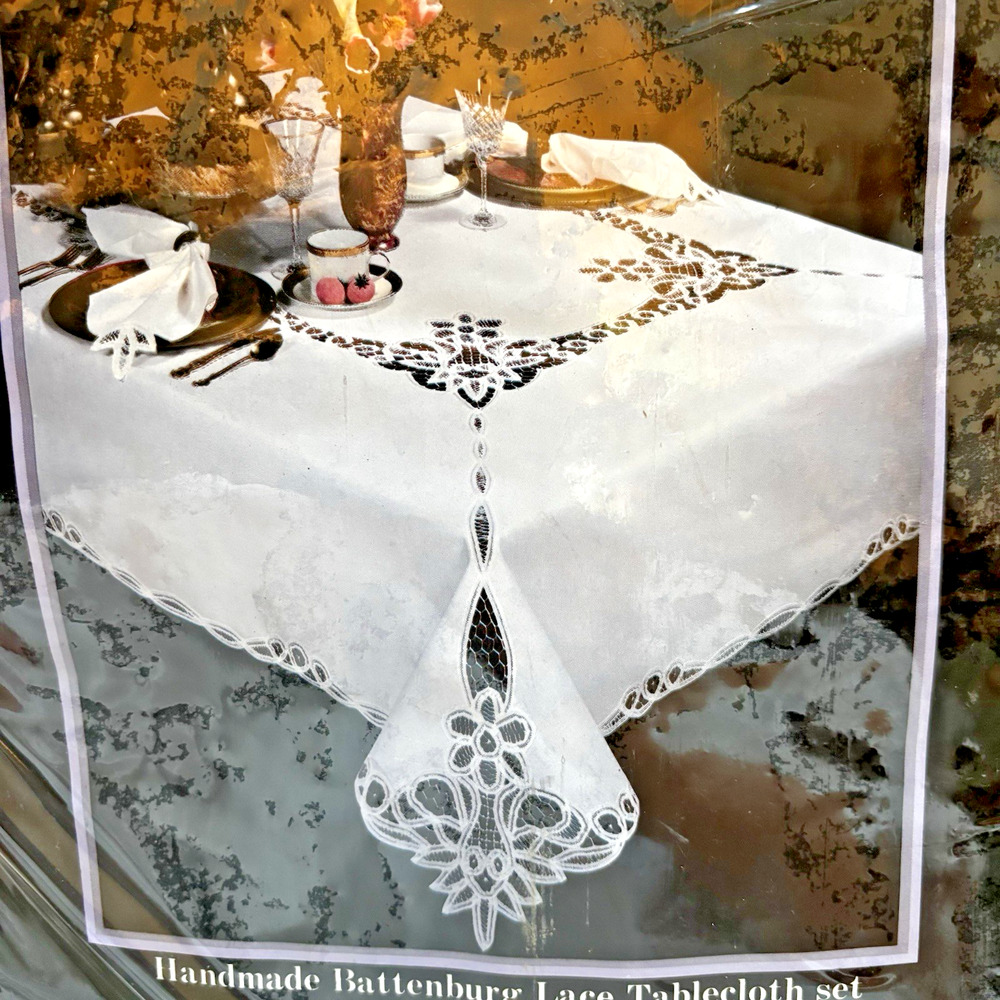 NWT Simply Elegant Battenburg Lace Tablecloth & napkins Set White Cotton Oblong